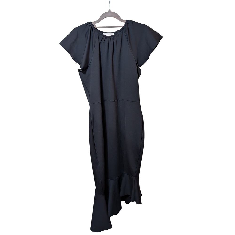 Rachel Parcell Black Asymmetric Ruffle Hem Sheath Dress Flutter Sleeve Large NWT